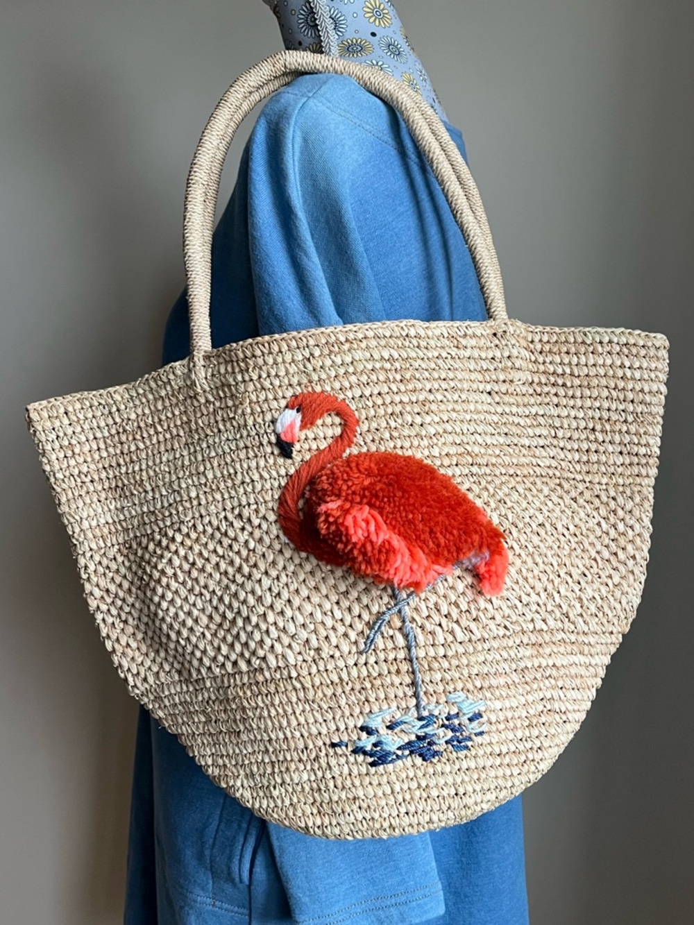 Handmade Raffia Tote Bag with Embroidered Flamingo - Picture 7 of 15